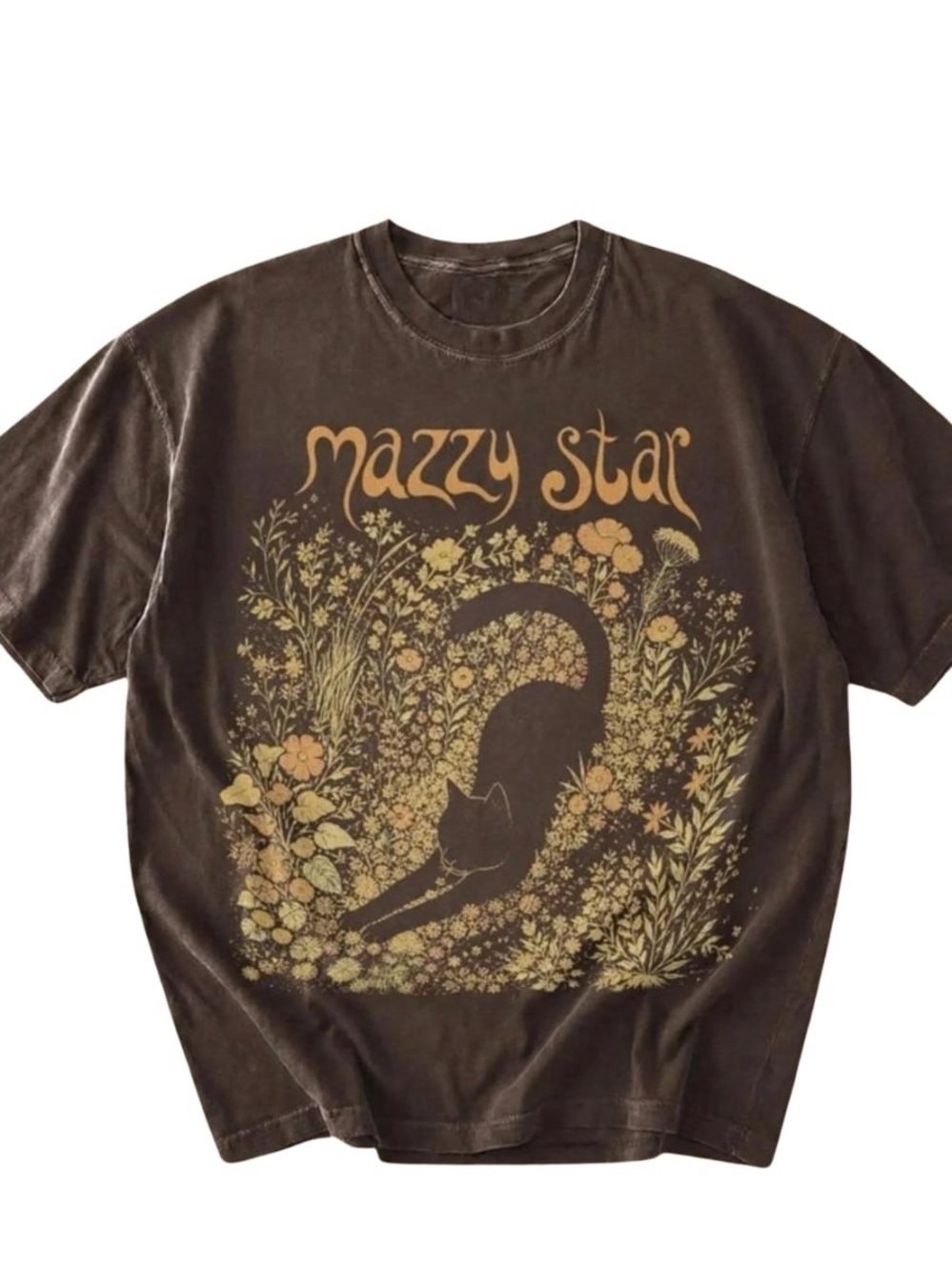 Brown Tee with Gold Floral Cat Graphic